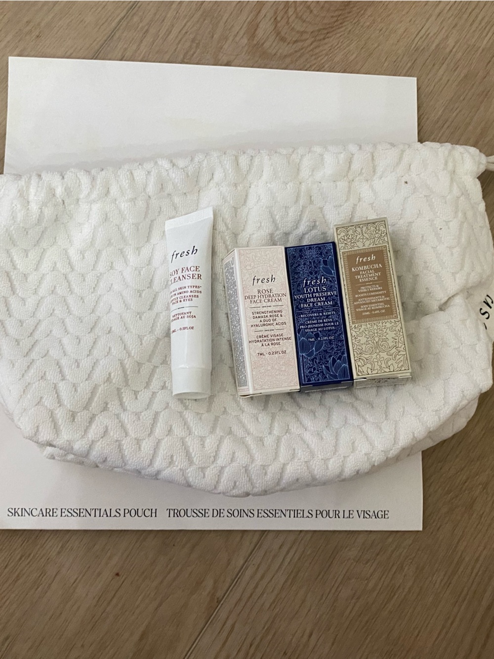 fresh skincare set with white quilted pouch